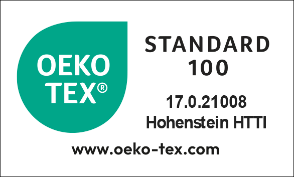 Het Oeko-Tex®-label inclusief opschrift: „Standard 100, 17.0.21008, Hohenstein HTTI, www.oekotex.com“