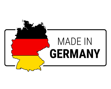 Illustratie: een kaart van Duitsland in zwart-rood-goud met de tekst „Made in Germany“.