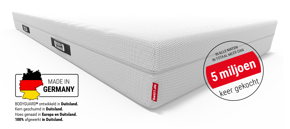 BODYGUARD® matras: uitsnede met de tekst middelhard/steviger toont de matraskern; daarnaast een omdraaisymbool met tekst: eenvoudig omdraaien / 2-in-1-matras