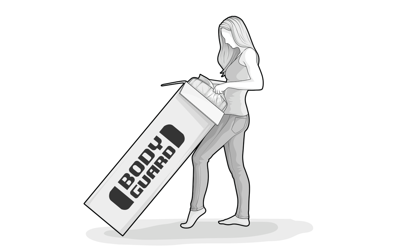 Illustratie: een persoon haalt een opgerolde matras uit een doos.