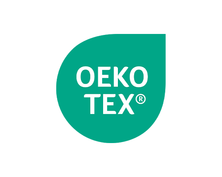 Illustratie: een groene, druppelvormige vorm met de tekst „OEKO TEX®“.