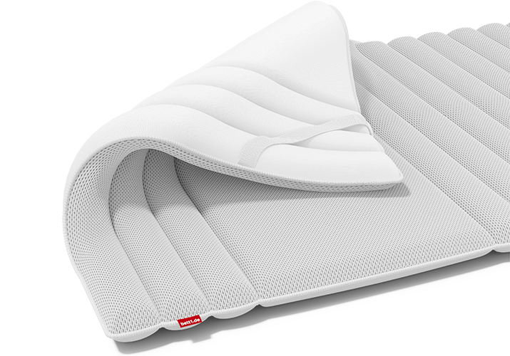 De topper ligt op het BODYGUARD® matras en is met de bevestigingslussen eraan vastgemaakt. Een cirkel van pijlen waarin de andere zijde van de hoes te zien is.