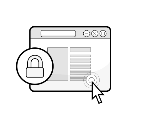 Illustratie: een browservenster waar een muispijl naar wijst, met daarvoor een rond symbool met een hangslot.