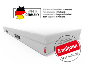BODYGUARD® matras. Tekst: 5 miljoen verkocht. Kaart van Duitsland: Made in Germany. BODYGUARD® ontwikkeld in Duitsland. Kern geschuimd in Duitsland. Hoes genaaid in Europa en Duitsland. 100% afgewerkt in Duitsland.