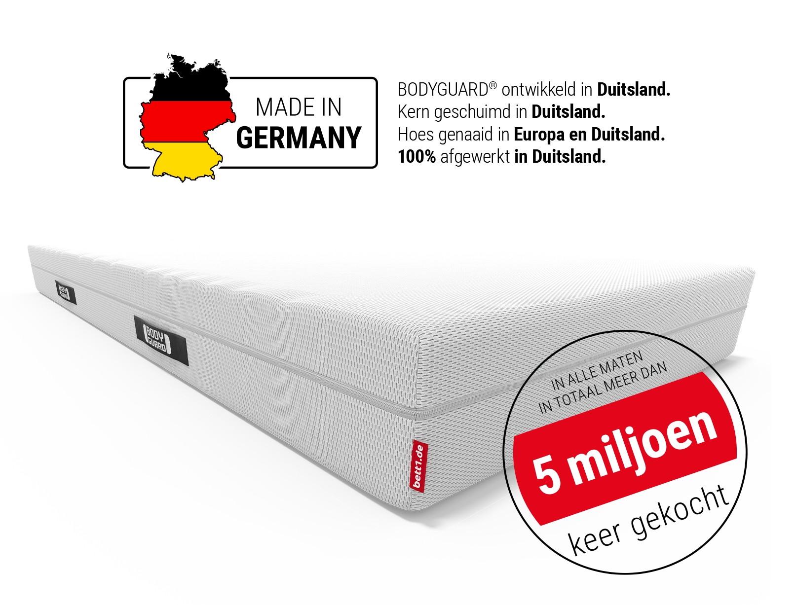 BODYGUARD® matras. Tekst: 5 miljoen verkocht. Kaart van Duitsland: Made in Germany. BODYGUARD® ontwikkeld in Duitsland. Kern geschuimd in Duitsland. Hoes genaaid in Europa en Duitsland. 100% afgewerkt in Duitsland.
