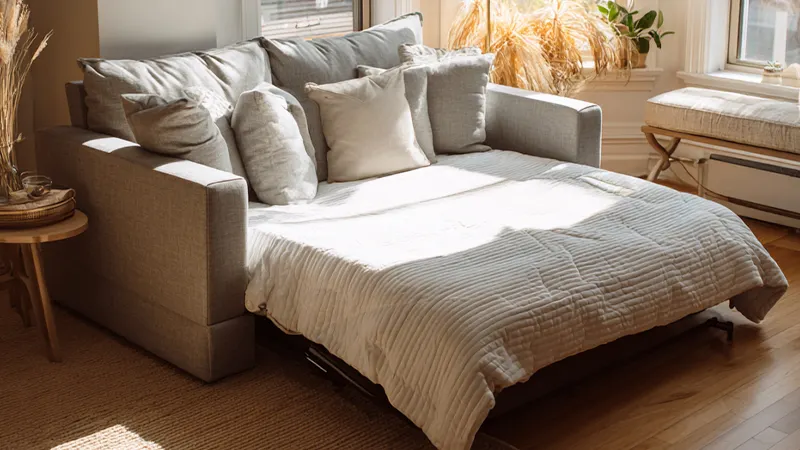 Een uitgeklapte slaapbank met een sprei en veel kussens erop.