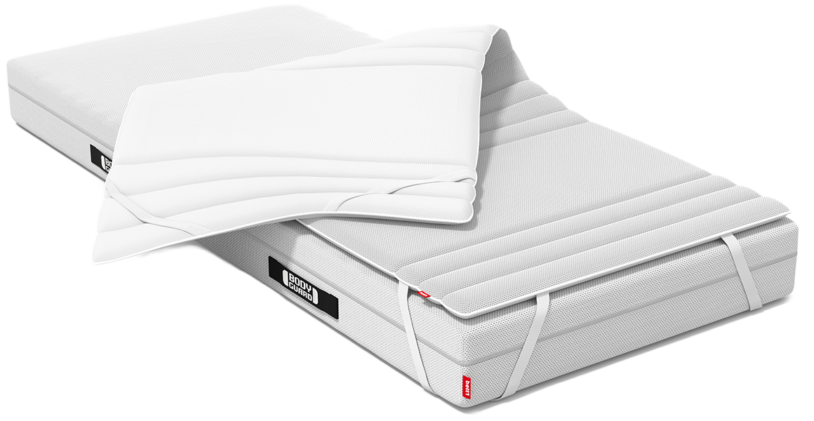 Een BODYGUARD® matras, deels voorzien van de BODYGUARD® Topper. Eén helft van de topper is omgeklapt, waardoor de tweede zijde van de hoes zichtbaar is.