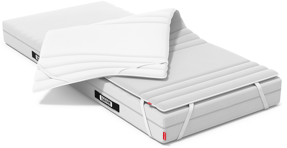 Een BODYGUARD® matras, deels voorzien van de BODYGUARD® Topper. Eén helft van de topper is omgeklapt, waardoor de tweede zijde van de hoes zichtbaar is.
