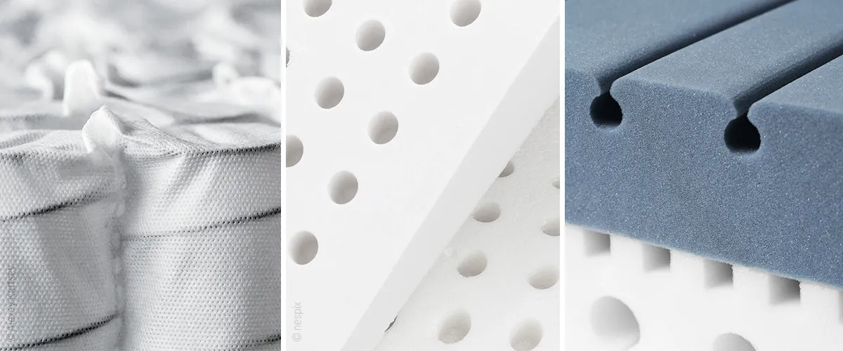 Driedelige afbeelding met close-ups van matrasmaterialen (v.l.n.r.): metalen veren in stoffen zakjes, een latexblok met ventilatiekanalen en licht- en donkergekleurd QXSchaum®.