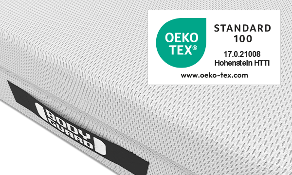 Close-up van de BODYGUARD Anti-Kartell-Matras 70x200. Keurmerk: OEKO-TEX® STANDARD 100.