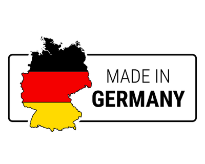 Illustratie: een kaart van Duitsland in zwart-rood-goud met de tekst „Made in Germany“.