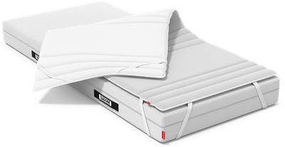 Een BODYGUARD® matras, deels voorzien van de BODYGUARD® Topper. Eén helft van de topper is omgeklapt, waardoor de tweede zijde van de hoes zichtbaar is.