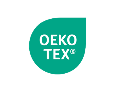 Illustratie: een groene, druppelvormige vorm met de tekst „OEKO TEX®“.