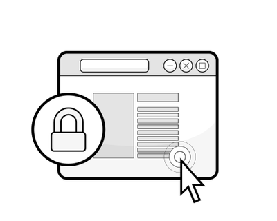 Illustratie: een browservenster waar een muispijl naar wijst, met daarvoor een rond symbool met een hangslot.